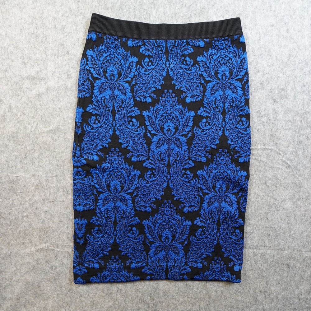 Torn Ronny‎ Kobo Skirt Womens XS/S? Blue Black Knit Midi Pull On Bodycon Damask